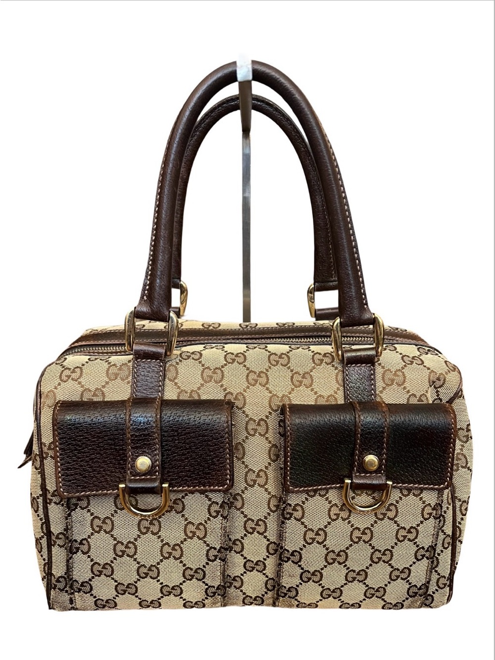 Y2K Gucci GG Canvas Satchel Boston Handbag Beige Brown Leather